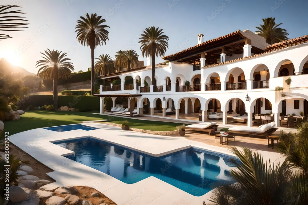 Andalucian house two stories, white and glass façades - AI Generative