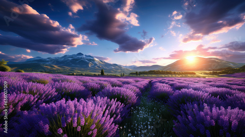 A field of lavender grown on a farm. A beautiful sunset against the backdrop