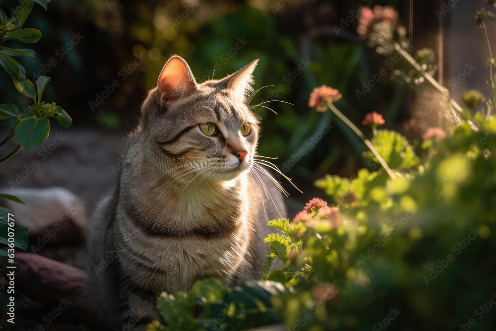 Cat exploring sunny garden among colorful flowers. Striped coat shines in the light., generative IA