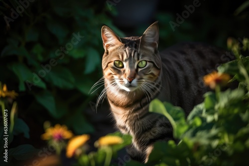 Cat exploring sunny garden among colorful flowers. Striped coat shines in the light., generative IA