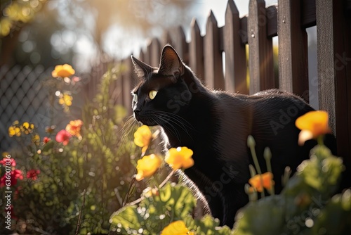 Curious black cat explores sunny garden among colorful flowers., generative IA
