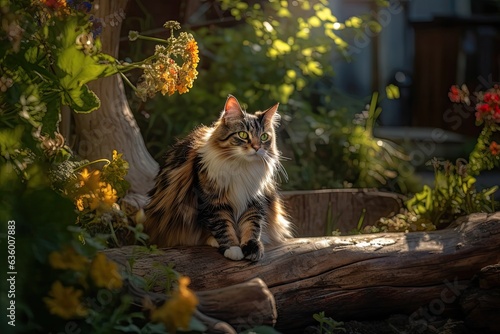 Curious cat rests in sunny garden., generative IA