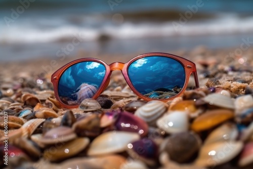 close-up of colorful sunglasses and some beautiful shells on the sand on the beach, the sunglasses reflect the sky .against the background of the waves breaking on the shore. 