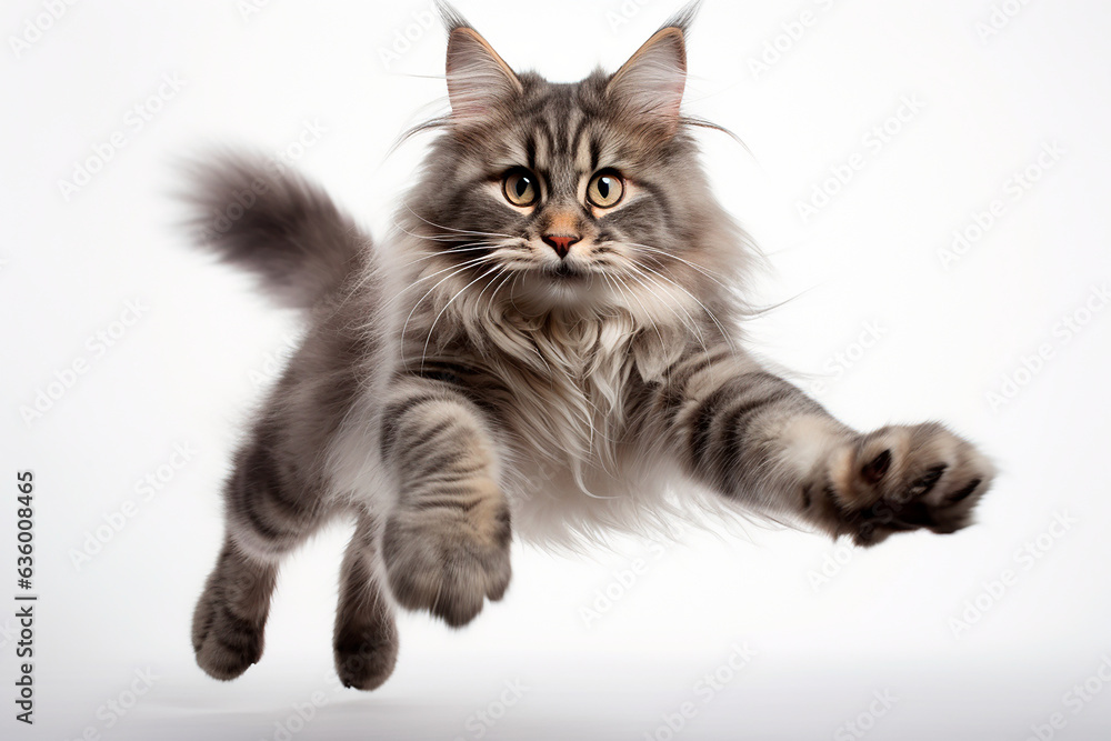 Cat isolated on a white background jumping. Animal right side view portrait. Cat isolated on a white background jumping. Animal right side view portrait.