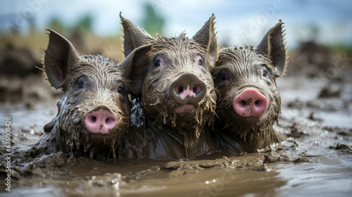 Pigs on the farm who got dirty swimming in the mud. photo