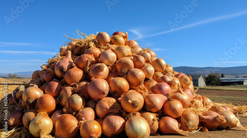 A pile of fresh onions harvested from the fields on the farm.