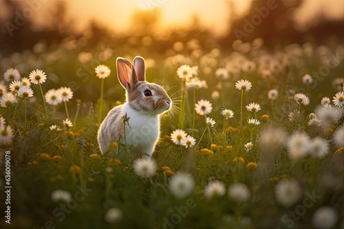 Rabbit playing in spring field among colorful flowers., generative IA