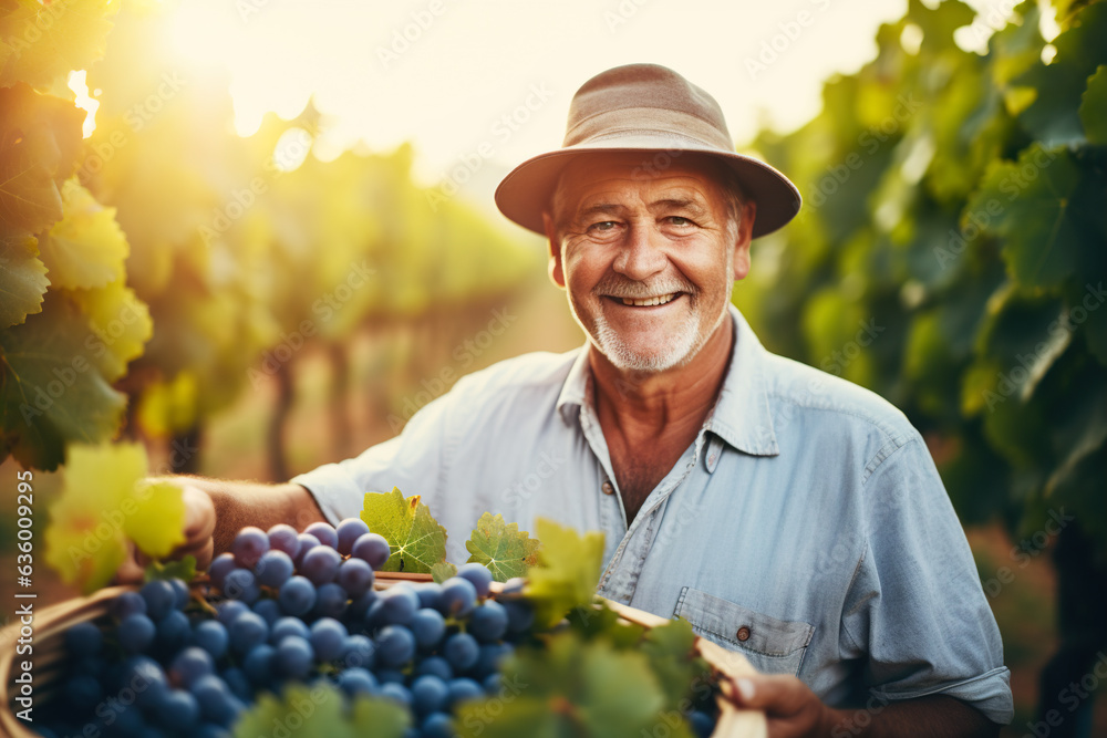 Portrait of happy senior man with basket of grapes in vineyard Portrait of happy senior man with basket of grapes in vineyard