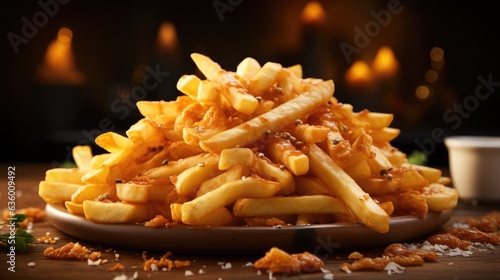 Appetizing image with a pile of crispy french fries neatly arranged on a plate.