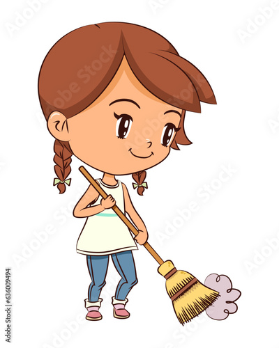 Girl sweeping the floor with broom