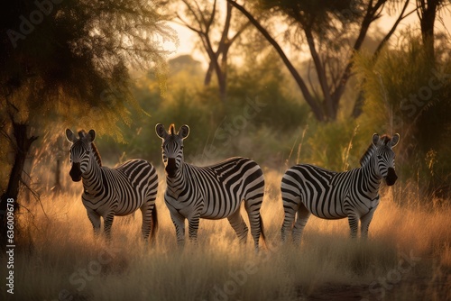 Majestic zebras grazing on the savannah in the sunshine.  generative IA
