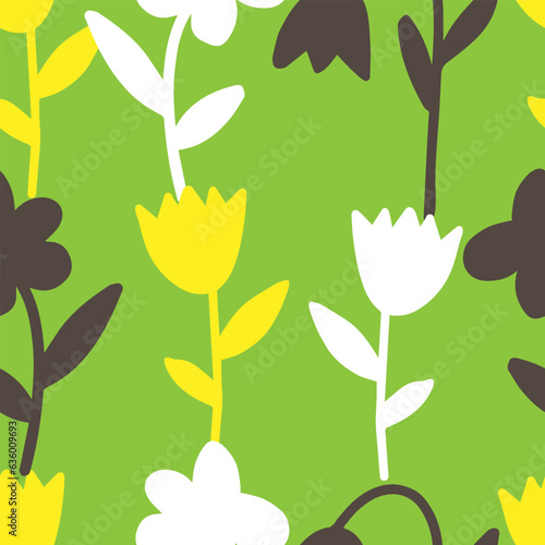 Vector yellow and white illustration of bouquet bell and tulip flowers with leaves isolated on a green background. Seamless pattern