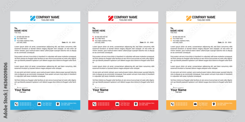 Corporate business letterhead design template with color variation bundle. Print-ready vector design