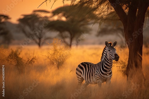 Zebra resting under golden acacia in the savannah at dusk.  generative IA