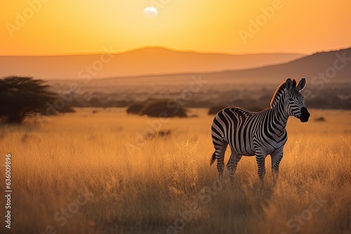 Zebra grazing in the savannah at dusk  surrounded by gazelles.  generative IA