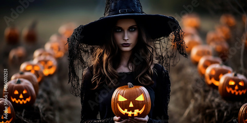 A 20-year-old woman, in a witch costume is holding pumpkins.
