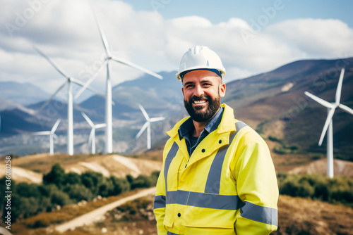 Portrait of a smiling male engineer in a white helmet and reflective jacket standing on a wind turbine farm