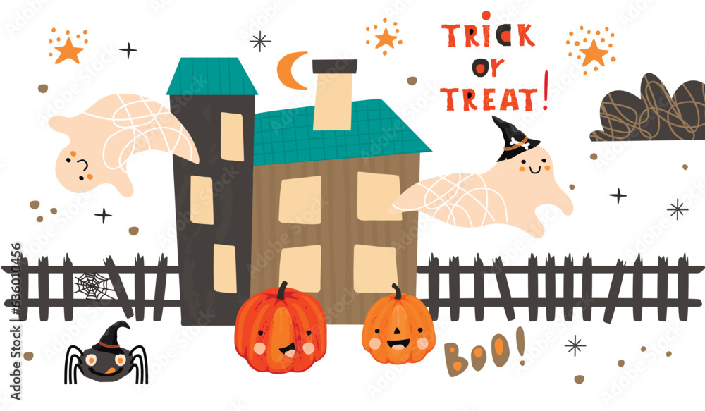 Trick or Treat!Halloween card or banner with cartoon pumpkins,ghosts, house with fence and spider.Cute funny characters,hand written text and doodle elements.Vector flat illustration on white.