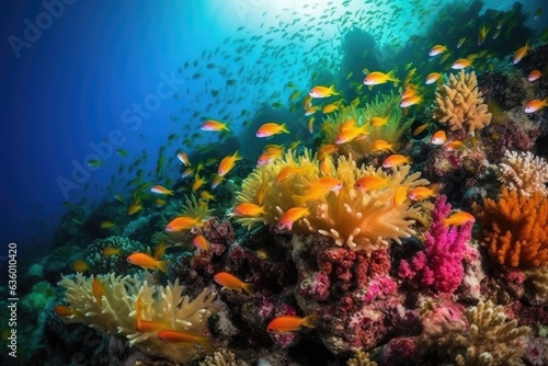 School of colorful fish dancing among corals in crystal clear waters., generative IA