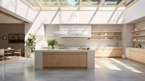  a large kitchen with a skylight above the counter top. generative ai