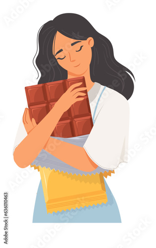 Portrait of woman hugging chocolate bar loving sweets