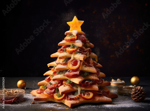  puff pastry stuffed with ham stuffed with herbs and fruits in the form of a Christmas tree.ideas for the design of the Christmas table . Christmas Recipes photo