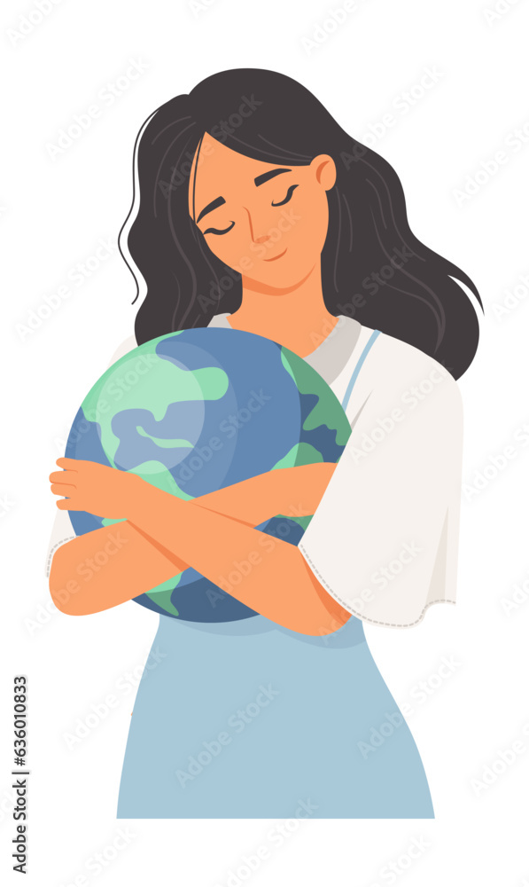 Fototapeta premium Woman cuddling planet earth globe portrait