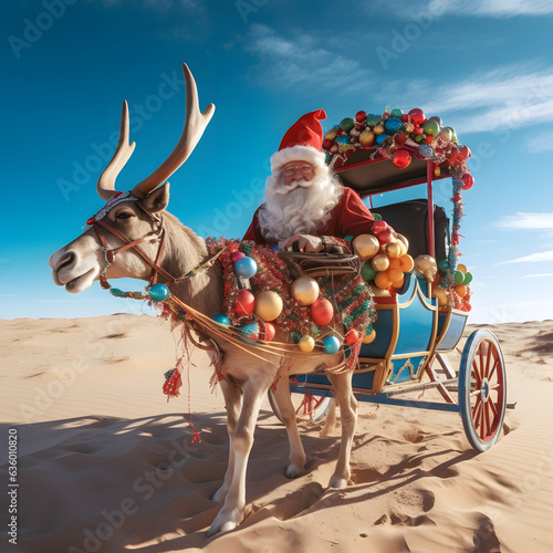 Reindeer carriages decorated with colorful baubles drive Santa Claus and presents. Background desert sand and blue sky. Sunny day. Minimal concept of environmental protection