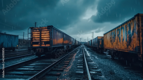 Rusty train freight cars on rails, puddles on the ground, dramatic lighting before a thunderstorm in the evening. environmental protection and insurance concept. 