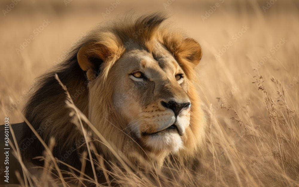 Majestic lion watches his savannah as the wind blows gently., generative IA Majestic lion watches his savannah as the wind blows gently., generative IA