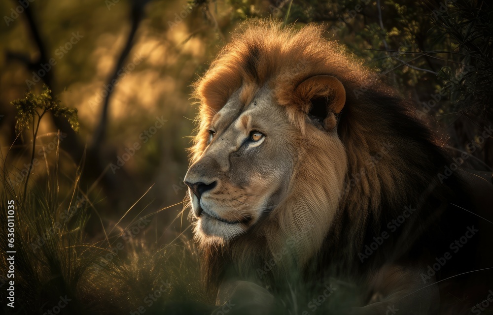 Majestic lion rests on Africa's golden savannah., generative IA Majestic lion rests on Africa's golden savannah., generative IA