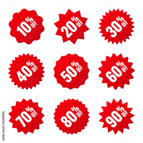 Price tags collection, special offer or shopping discount label with percent, discount percentage value. Red turned retail paper sticker. Promotional sale badge. Vector illustration