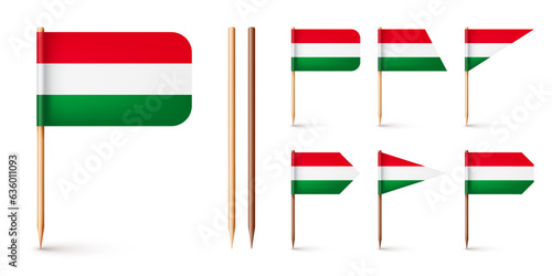 Realistic various Hungarian toothpick flags. Souvenir from Hungary. Wooden toothpicks with paper flag. Location mark, map pointer. Blank mockup for advertising and promotions. Vector illustration