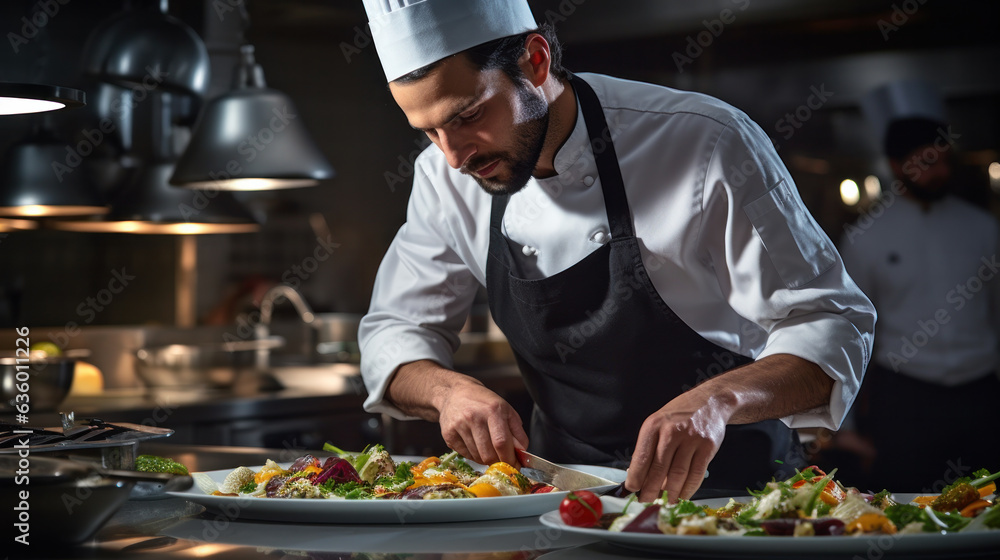 Cook man neatly decorates the dish. young professional chef adding some piquancy to meal. in modern kitchen, at work in uniform Cook man neatly decorates the dish. young professional chef adding some piquancy to meal. in modern kitchen, at work in uniform