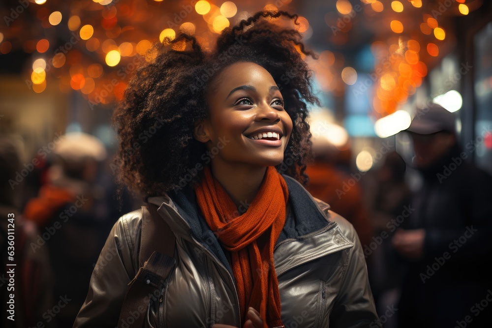 Frenzy of Savings: Black Friday's Dynamic Dance of Shoppers and Sales., happy african window shopper created with generative ai Frenzy of Savings: Black Friday's Dynamic Dance of Shoppers and Sales., happy african window shopper created with generative ai