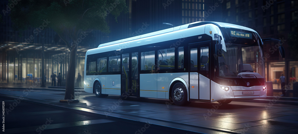 Energy efficient electric bus on the road in the city. Concept of Sustainable transportation, electric mobility, eco-friendly buses, city transit, clean energy, urban transport, green transportation.