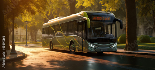 Energy efficient electric bus on the road in the city. Concept of Sustainable transportation, electric mobility, eco-friendly buses, city transit, clean energy, urban transport, green transportation.