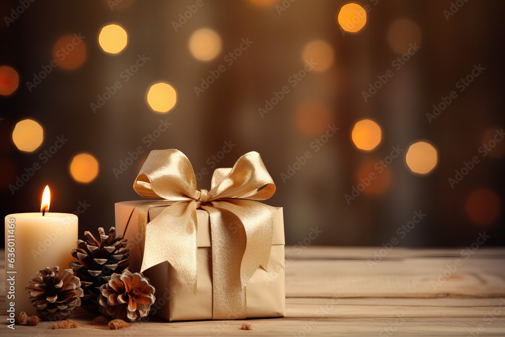Christmas and new year background. Gold gift box and pine cones and branches on the background of bokeh garlands, ai Christmas and new year background. Gold gift box and pine cones and branches on the background of bokeh garlands, ai