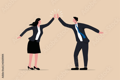 happy businesswoman and businessman hi five, hi five for success collaboration, business achievement.