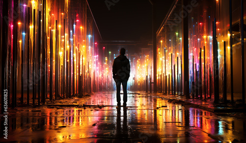 Male silhouette in a street full of light and color. AI generated