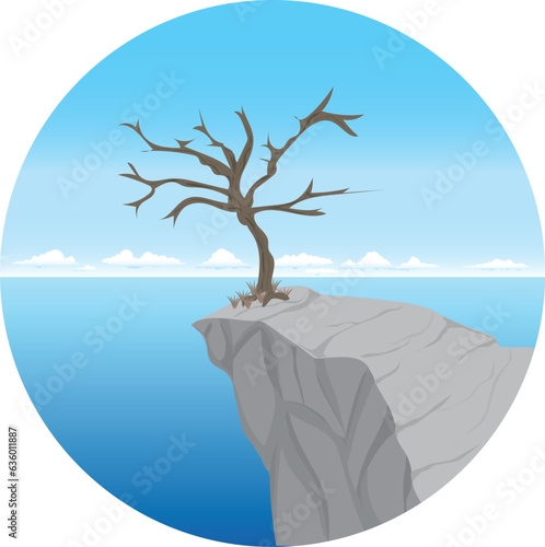 vector illustration of a natural landscape of a steep and sharp rocky cliff on the seafront with a tree that has dried up without leaves at the end of the edge of the cliff with a view of the blue sky