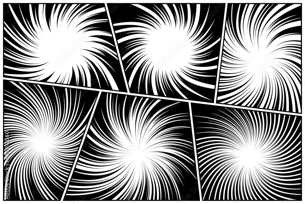 Twisted comic book radial rays, lines. Comics background with motion, speed lines. Pop art style elements. Vector illustration