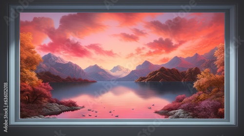  a painting of a lake with mountains in the background at sunset. generative ai