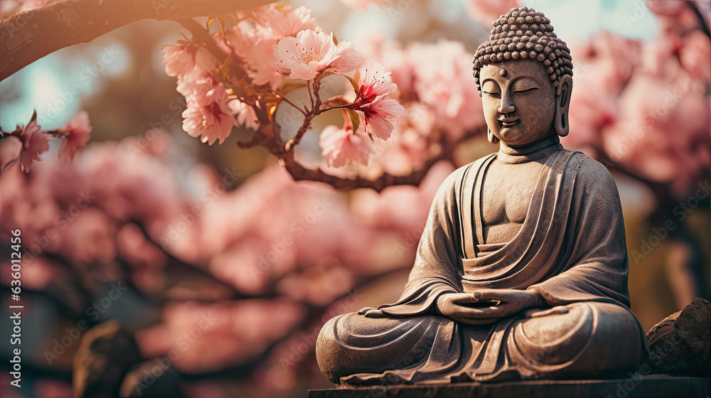 beautiful cherry blossoms around the buddha statue in springtime, sunshine on idyllic garden with cherry tree and buddha on blurred sky background with copy space. - obrazy, fototapety, plakaty 
