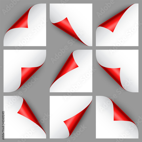 Set of red paper curls. Curled page corner with shadow. Blank sheet of paper. Colorful shiny foil. Design element for advertising and promotion. Vector illustration.