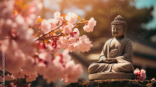 Leinwand Poster beautiful cherry blossoms around the buddha statue in springtime, sunshine on idyllic garden with cherry tree and buddha on blurred sky background with copy space