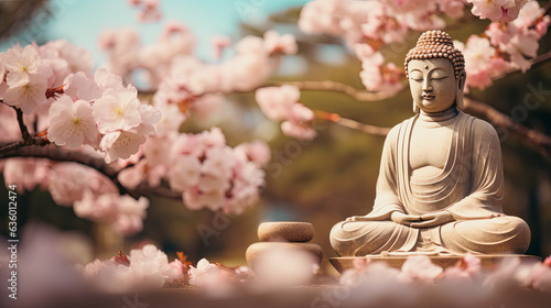 beautiful cherry blossoms around the buddha statue in springtime, sunshine on idyllic garden with cherry tree and buddha on blurred sky background with copy space.
