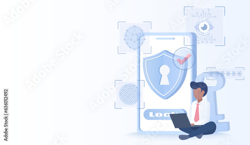 Safety and security technology concept. Data protection, account access, protect personal detail, password sensitive data from cyber attack and online threat. Flat vector design illustration.