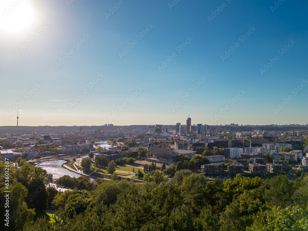 View of Vilnius city, skyscrapers, modern downtown, and a sunny evening