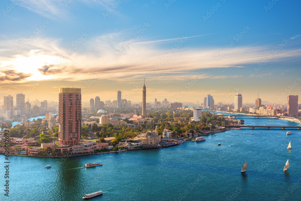 Fabulous aerial view of the Nile, Gezira island and sky in Cairo, Egypt